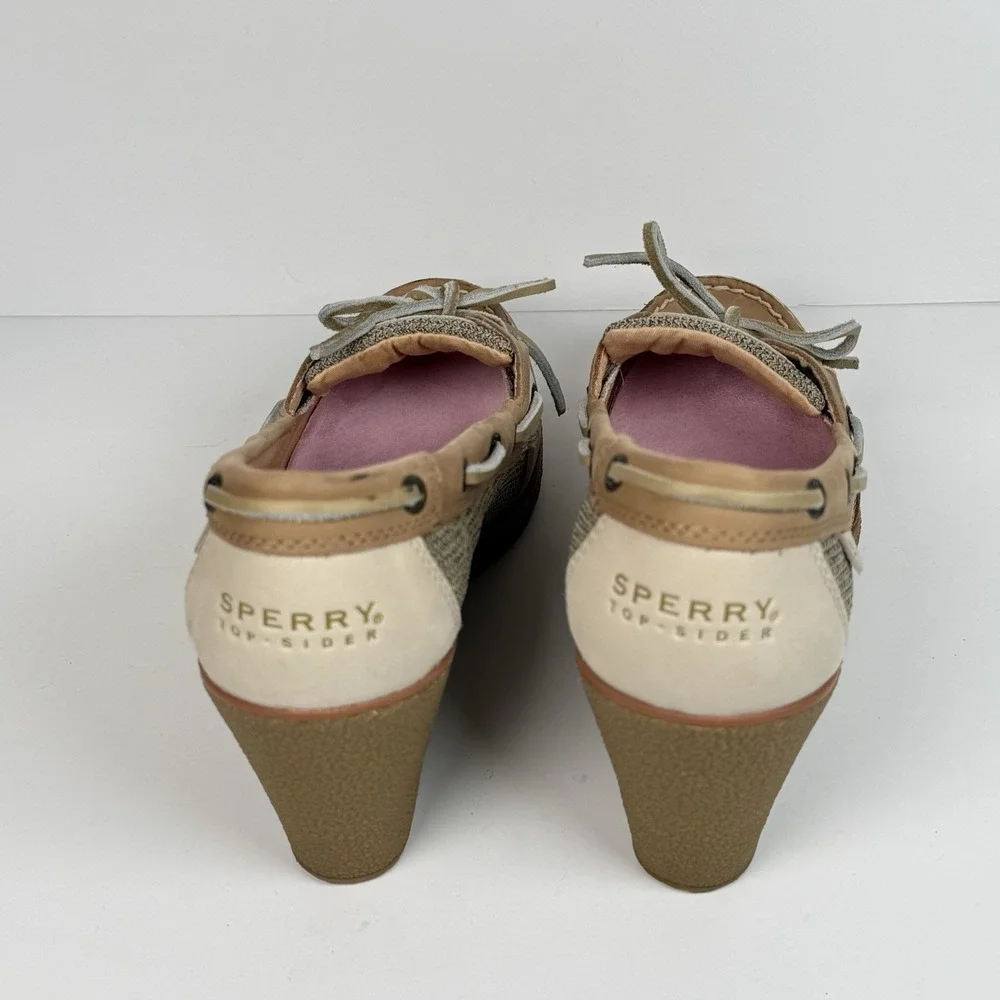 Sperry Top Sider Wedge Heel Boat Shoes Tan Leather Slip On Women 8M Yacht Beach